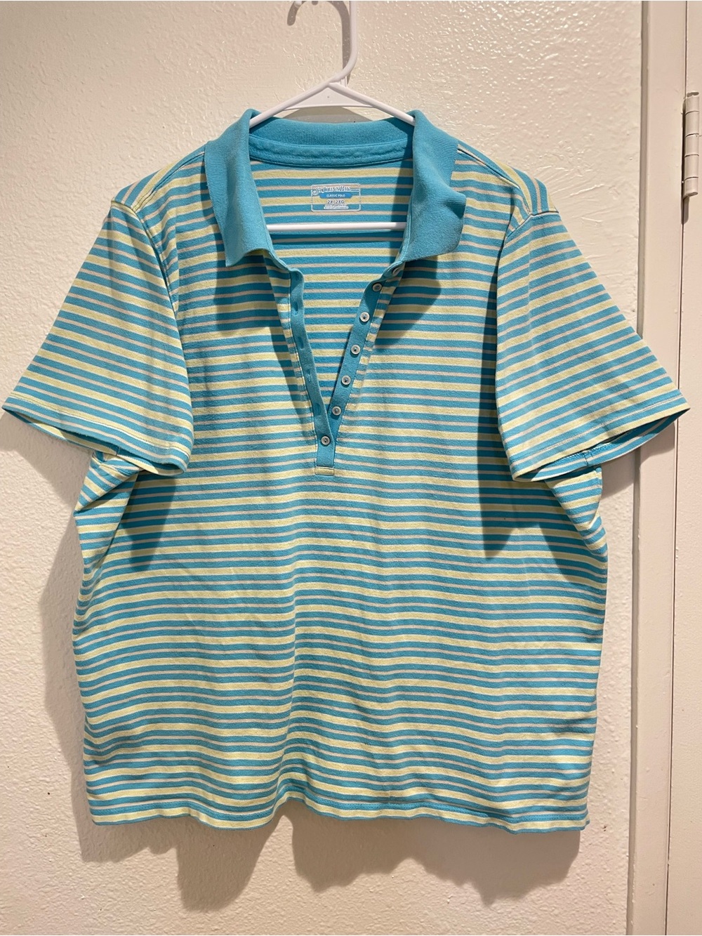 St Johns Bay Polo Shirt Womens Plus 2XL Teal Blue Green Striped Short Sleeve